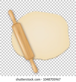 Vector realistic 3D wooden rolling pin on roll out the dough closeup isolated on transparency grid background. Design template for graphics