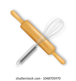 Vector realistic 3D wooden rolling pin and metal wire steel whisk cross-shaped icon closeup isolated on white baclground. Top view. Design template for graphics