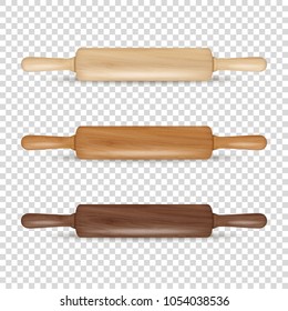 Vector realistic 3D wooden rolling pin icon set closeup isolated on transparency grid background. Design template for graphics