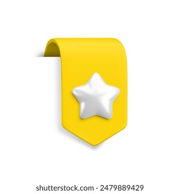 Vector Realistic 3d yellow Bookmark with silver star. Favorite icon design element, cute ribbon e-book sticker with shadow on white. Cartoon 3d vertical ribbon tag, arrow tape, add to bookmarks sign.