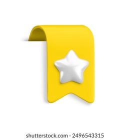 Vector Realistic 3d yellow Bookmark with silver star. Favorite icon design element, cute ribbon e-book sticker tape with shadow on white. Cartoon 3d vertical ribbon tag, add to bookmarks sign.