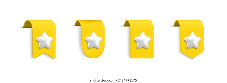 Vector Realistic 3d yellow Bookmarks set with silver star. Favorite icon design element, cute ribbons e-book sticker with shadow on white. Cartoon 3d vertical ribbon tags, tape, add to bookmarks.