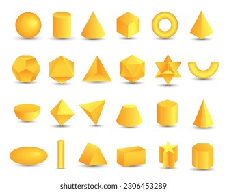 Vector realistic 3D yellow geometric shapes isolated on white background. Maths geometrical figure form, realistic shapes model. Platon solid. Geometric shapes icons for education, business, design