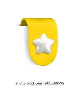 Vector Realistic 3d Yellow Ribbon with silver star. Vintage favorite icon design element, cute ribbon e-book sticker. Cartoon 3d rounded ribbon tag for sale banner, add to bookmarks sign, game, app.