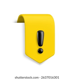 Vector Realistic 3d yellow ribbon attention bookmark sign. Cartoon 3d render of exclamation mark sticker. Warning sign, caution notification button ribbon tag for web, infographic, ui, game, app.