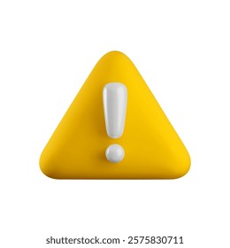 Vector Realistic 3d yellow triangle shape with white exclamation mark. Cartoon 3d render of warning sign, danger symbol, hazard notification isolated on white background.