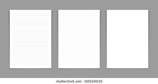 Vector realistic A4 paper size, Set of A4 papers including blank sheet, Lined and Dashed Lines paper