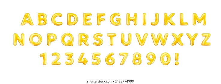 Vector realistic abc illustration of complete alphabet on white background. 3d style design of golden color glossy letter and number. Font  collection letter and number in cartoon style for banner