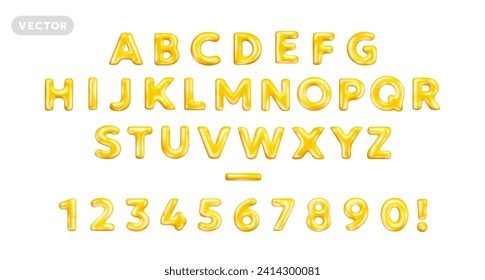 Vector realistic abc illustration of golden color glossy letter and number. 3d style design of complete alphabet on white background. Shine font collection letter and number in cartoon style for print