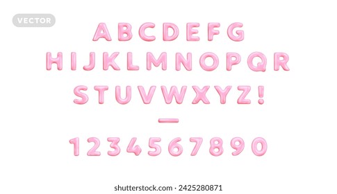 Vector realistic abc illustration of pink color glossy letter and number. 3d style design of complete alphabet on white background. Shine font collection letter and number in cartoon style for web