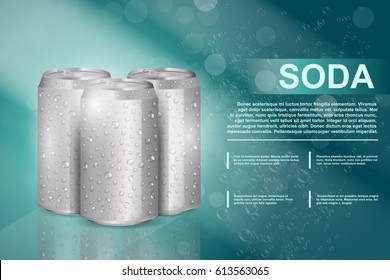 Vector realistic ads template for soda production. Mockup for advertising, covering, branding and corporate design identity. Illustration of aluminum soda can with water droplets