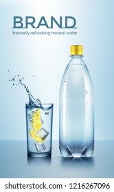 Vector realistic advertisement illustration of plastic bottle and glass of water with ice and sliced lemon. Tasty and fresh drink with space for text isolated on background