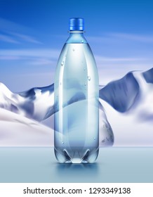Vector realistic advertising illustration of plastic bottle of fresh mineral water on mountains background