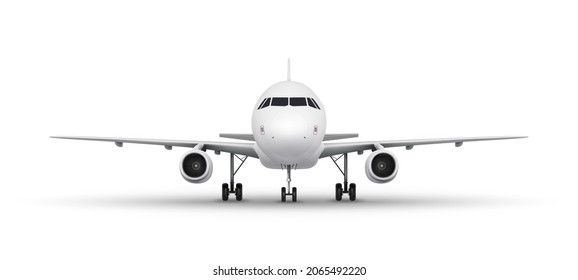 Vector realistic airplane. Aircraft isolated on white background, front view.