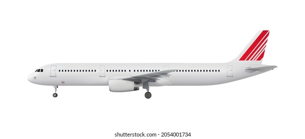 Vector realistic airplane isolated on white background. Highly detailed white passenger airliner with a red tail wing.