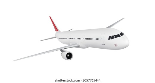 Vector realistic airplane isolated on white background. Highly detailed white passenger airliner with a red tail wing.