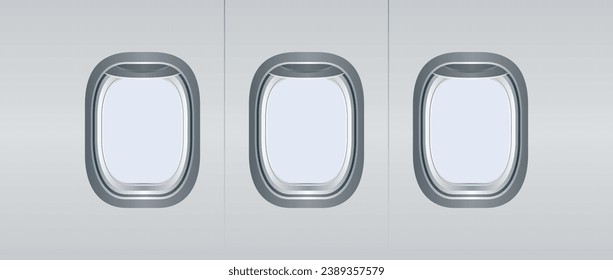 Vector realistic airplane window, Aircraft windows. Airplane indoor portholes, plane interior window and fuselage glass porthole. Plastic or glass plane windows 3d vector isolated