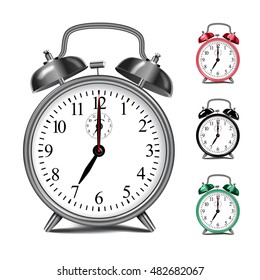 Vector realistic alarm clock template. Movable arrows. Pink, black and green alarm clocks samples.