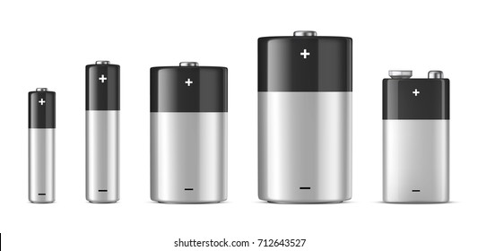 Vector realistic alkaline batteriy icon set. Diffrent size - AAA, AA, C, D, PP3. Design template for branding, mockup. Closeup isolated on white background. Stock vector.