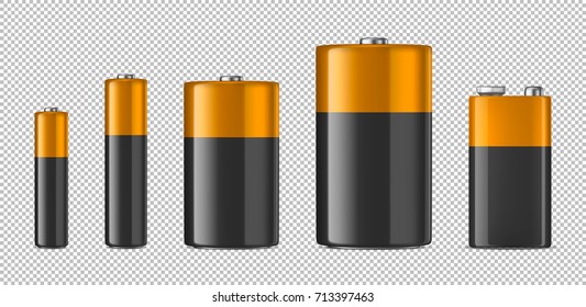 Vector realistic alkaline batteriy icon set. Diffrent size - AAA, AA, C, D, PP3. Design template for branding, mockup. Closeup isolated on transparent background. Stock vector.