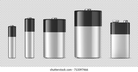 Vector realistic alkaline batteriy icon set. Diffrent size - AAA, AA, C, D, PP3. Design template for branding, mockup. Closeup isolated on transparent background. Stock vector.