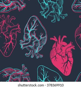 Vector Realistic Anatomical Heart With Anaglyph 3D Effect. Seamless Pattern