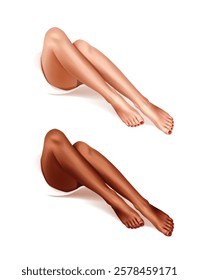 Vector Realistic Anatomical Illustration of Human Woman Legs: Light and Dark Skin Tones, Pose with Red Nail Polish