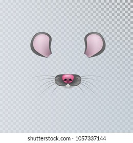 Vector realistic animal mouse face video chat, photo effects, selfie filters set.