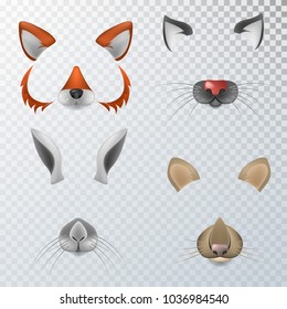 Vector realistic animals faces video chat, photo effects, selfie filters set.