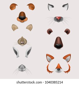 Vector realistic animals faces video chat, photo effects, selfie filters set.