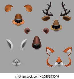 Vector realistic animals faces video chat, photo effects, selfie filters set.