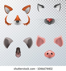 Vector realistic animals faces video chat, photo effects, selfie filters set