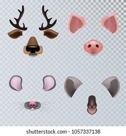 Vector realistic animals faces video chat, photo effects, selfie filters set