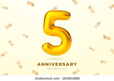 Vector realistic anniversary celebrating banner with golden balloons number 5, floating in the air. With falling confetti and place for your text.