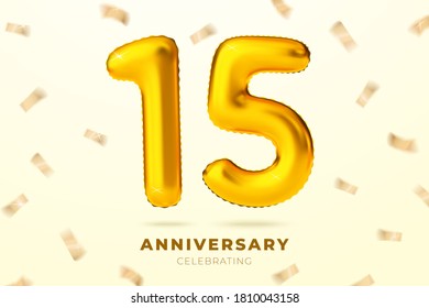 Vector realistic anniversary celebrating banner with golden balloons number 15, floating in the air. With falling confetti and place for your text.