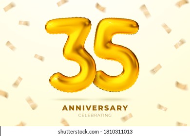 Vector realistic anniversary celebrating banner with golden ballons number 35, floating in the air. With falling confetti and place for your text.