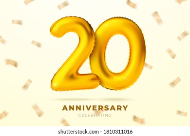 Vector realistic anniversary celebrating banner with golden ballons number 20, floating in the air. With falling confetti and place for your text.