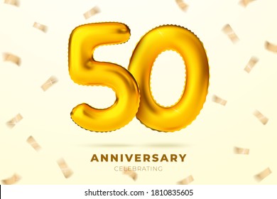Vector realistic anniversary celebrating banner with golden ballons number 50, floating in the air. With falling confetti and place for your text.