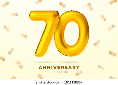 Vector realistic anniversary celebrating banner with golden ballons number 70, floating in the air. With falling confetti and place for your text.