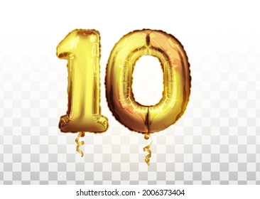 Vector realistic anniversary celebrating golden ballons number 10, floating in the air. golden balloon number of ten