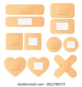 Vector realistic antibacterial plaster for injuries and scratches different forms and shapes set. Medical recovery tape, elastic bandage. Emergency treatment sterile product mockup.