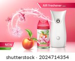 Vector realistic automatic air freshener ad. Spray deodorant with peach scent with exotic flowers, peach fruit background. Aerosol dispenser sprayer for product brand ad design.