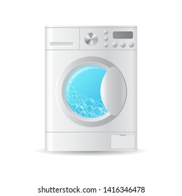 Vector realistic automatic washing-machine with soup bubbles isolated on white background. 3D illustration.