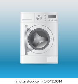 Vector realistic automatic white empty washing-machine with front-loading clothes with open door isolated on blue background. 3D illustration.