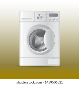 Vector realistic automatic white empty washing-machine with front-loading clothes with closed door isolated on yellow background. 3D illustration.