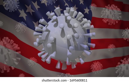 Vector realistic background with an American flag and detailed virus-cell microbe symbols (Coronavirus, Corona Virus, 2019-nCoV).