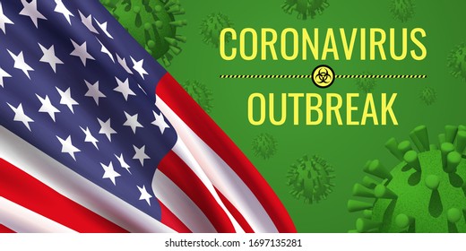 Vector realistic background with an American flag, virus-cell microbe symbols, text "Coronavirus outbreak", yellow-black stripe divider with the biohazard sign isolated on a green background.