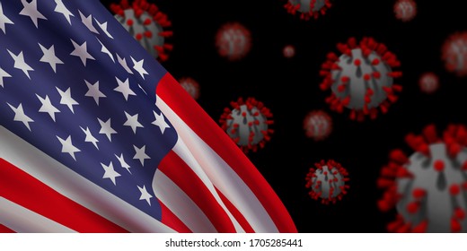 Vector realistic background with an American flag and detailed virus-cell microbe symbols (Coronavirus, Corona Virus, 2019-nCoV).