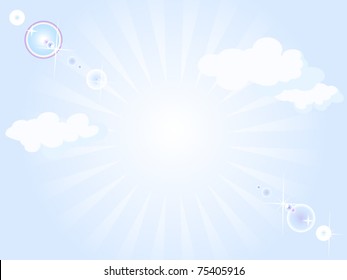 Vector realistic background blue. Day, the sky, the sun is shining, white clouds. Imitation camera glare.