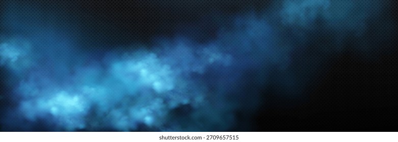 Vector realistic background with blue-blue smoke clouds on a dark transparent background. Detailed clouds with the effect of fog, smoke and soft glow. Composition with smooth transitions and deep laye